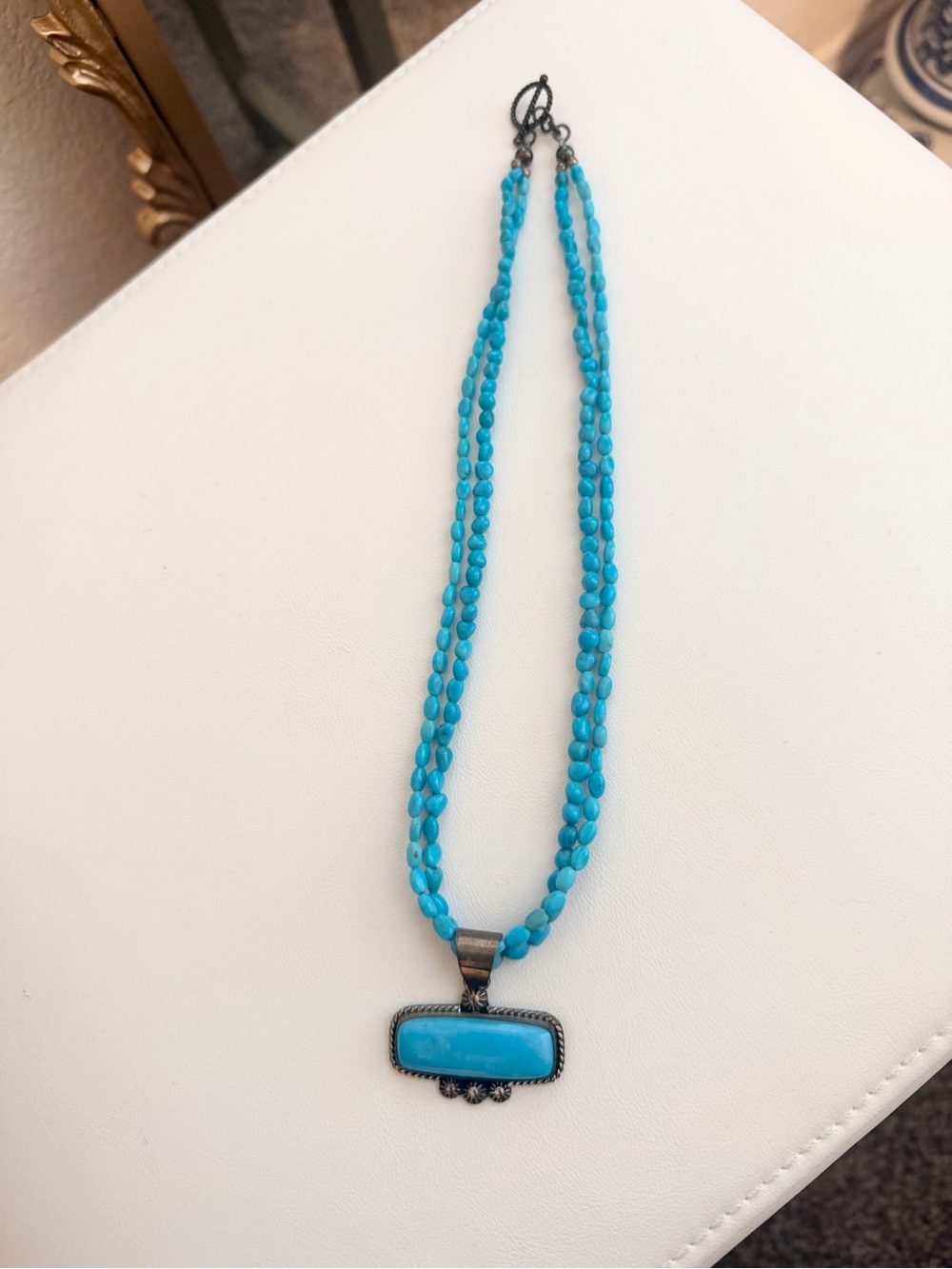 Genuine Turquoise Bead Double-Strand Necklace with Turquoise Pendant